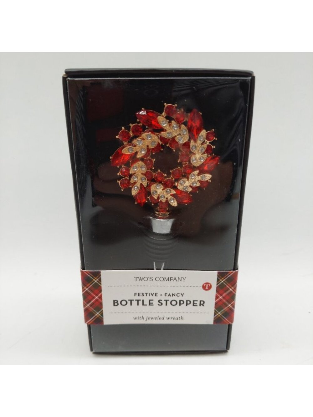 Two's Company Holiday Red Gold Wreath Jeweled Bottle Stopper